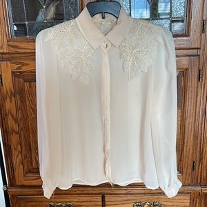 VINTAGE ELABORATE FACES CRÈME LONG SLEEVE BUTTON FRONT BLOUSE SZ 16